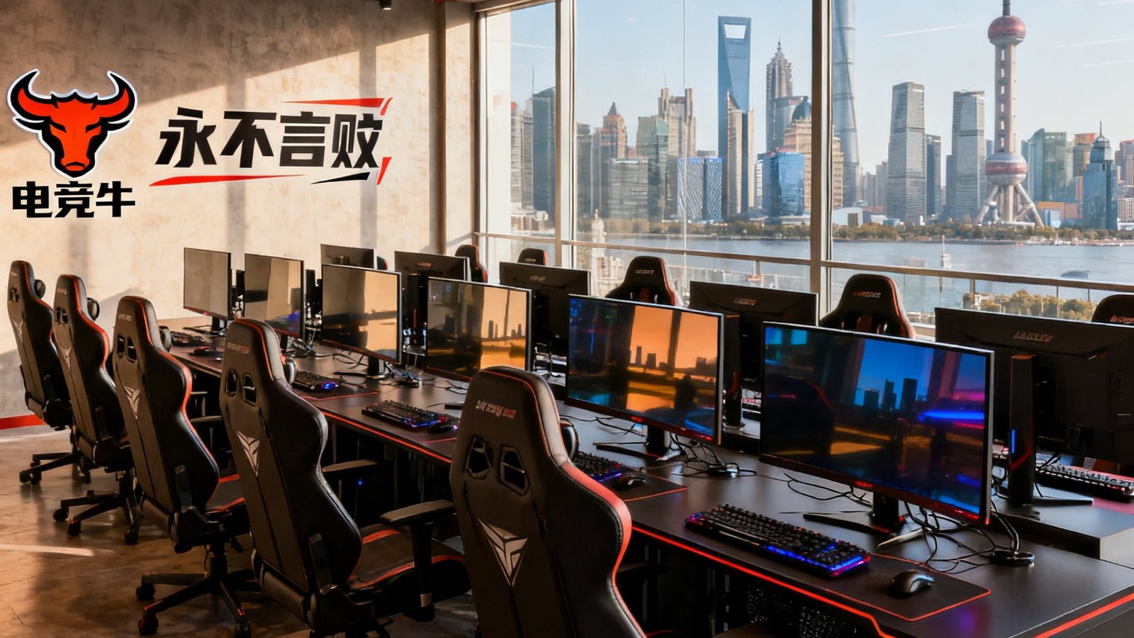 电竞牛筹备中的线下电竞训练营场地实拍照片，宽敞明亮的训练室内整齐排列着三十套专业电竞桌椅和高端显示器，墙壁上装饰着励志标语和电竞牛logo，透过玻璃窗可以看到外面上海的城市天际线