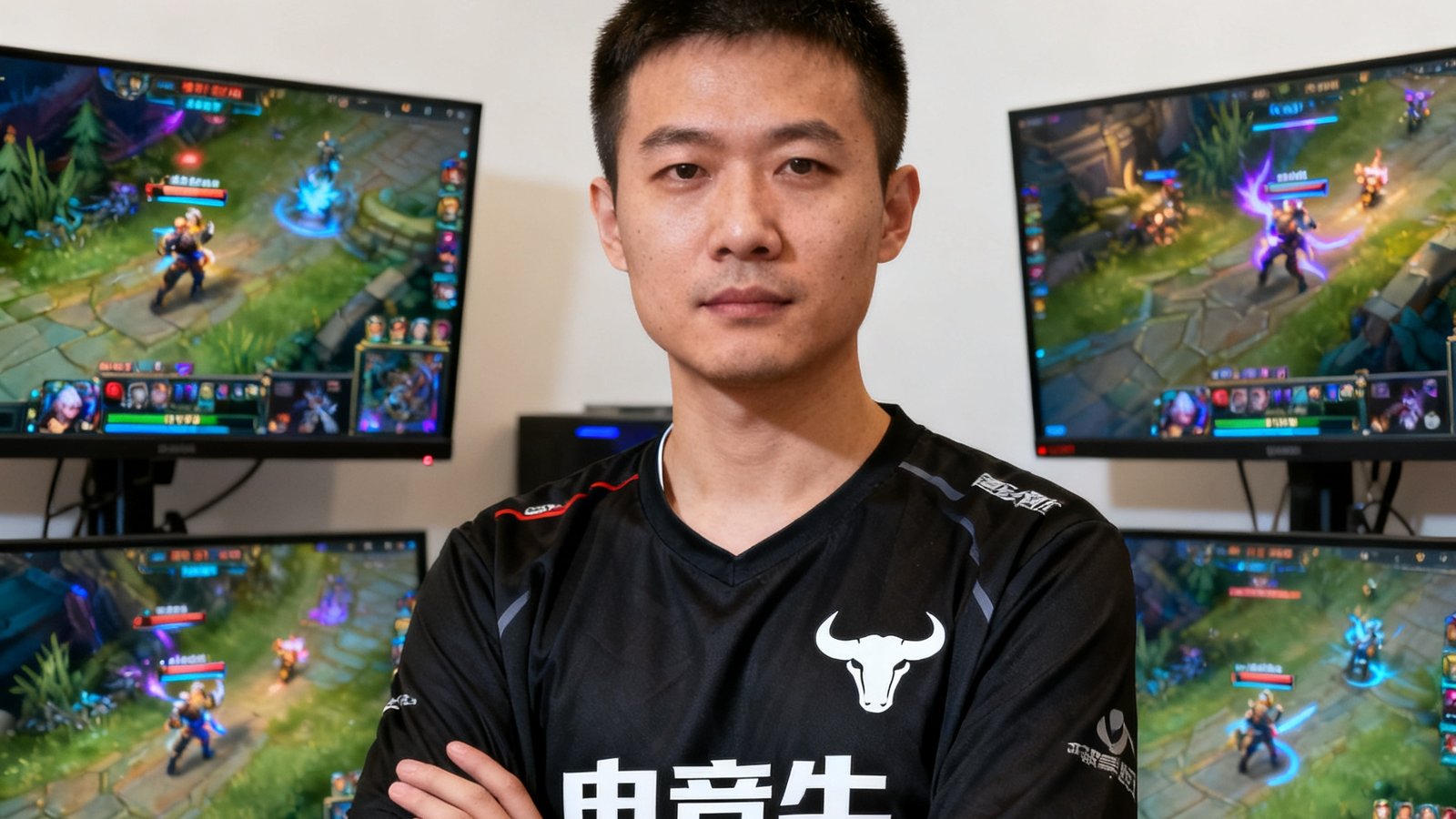 电竞牛联合创始人张志远的半身肖像照，三十岁左右的男性，短发干练，身着黑色电竞牛队服，背景是训练室内的多台显示器屏幕，屏幕上显示着英雄联盟游戏界面，他双手交叉在胸前，表情沉稳自信