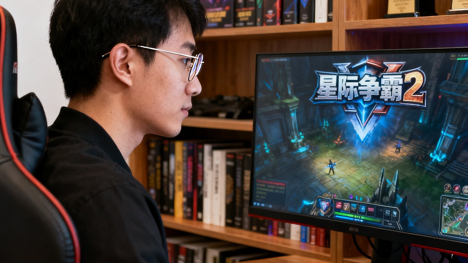 电竞牛联合创始人王思凯的侧面工作照，三十岁左右男性戴着细框眼镜，坐在电竞椅上专注地操作着键盘鼠标，面前的显示器上显示着星际争霸2的游戏画面，他身后的书架上整齐排列着电竞相关的书籍和赛事奖杯